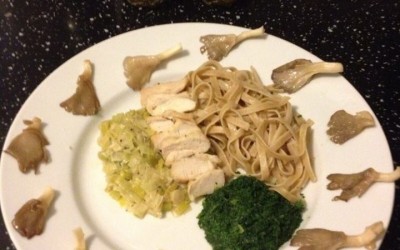 Recept: Kip met paddenstoelen, prei, spinazie en pasta.