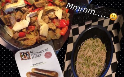– Recept: Makkelijke spaghetti met artisjokken en vegetarische bratwurst